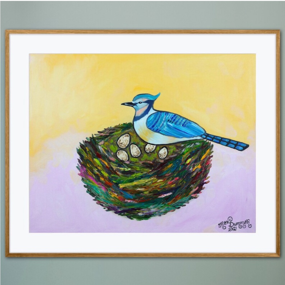 Blue Jay Nest Art Print Oil Painting Bird Eggs Whimsical colorful home decor